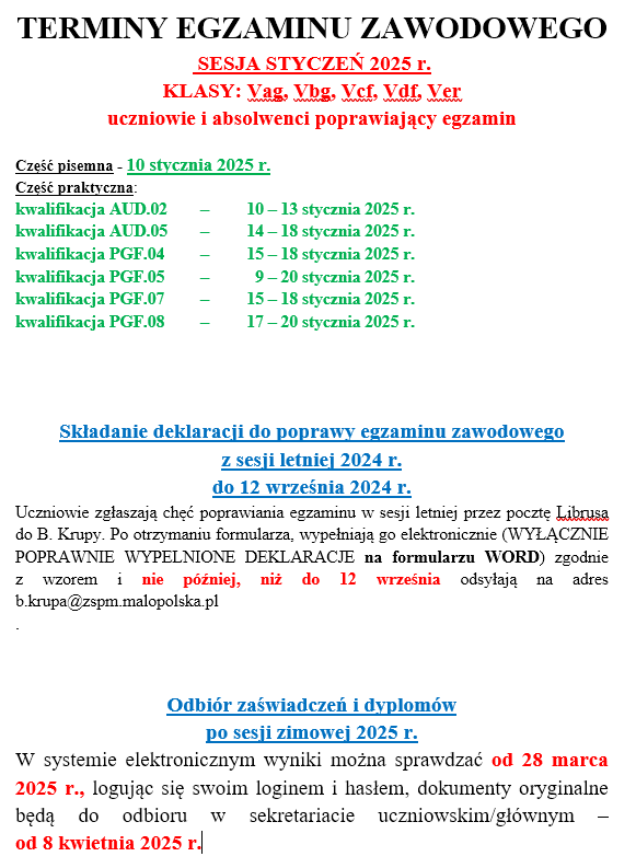 Egzamin zawodowy 2025 - terminy